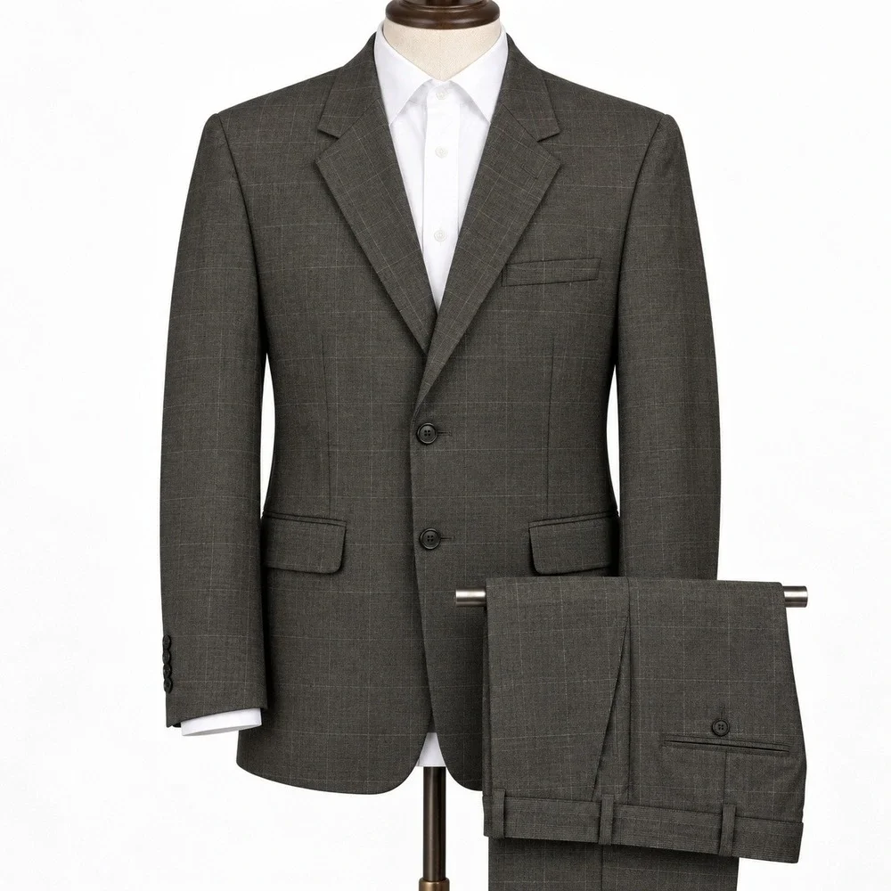 Jos. A. Bank 2-Piece Suit Mens 46L 37x31 100% Wool WINDOWPANE Charcoal Grey